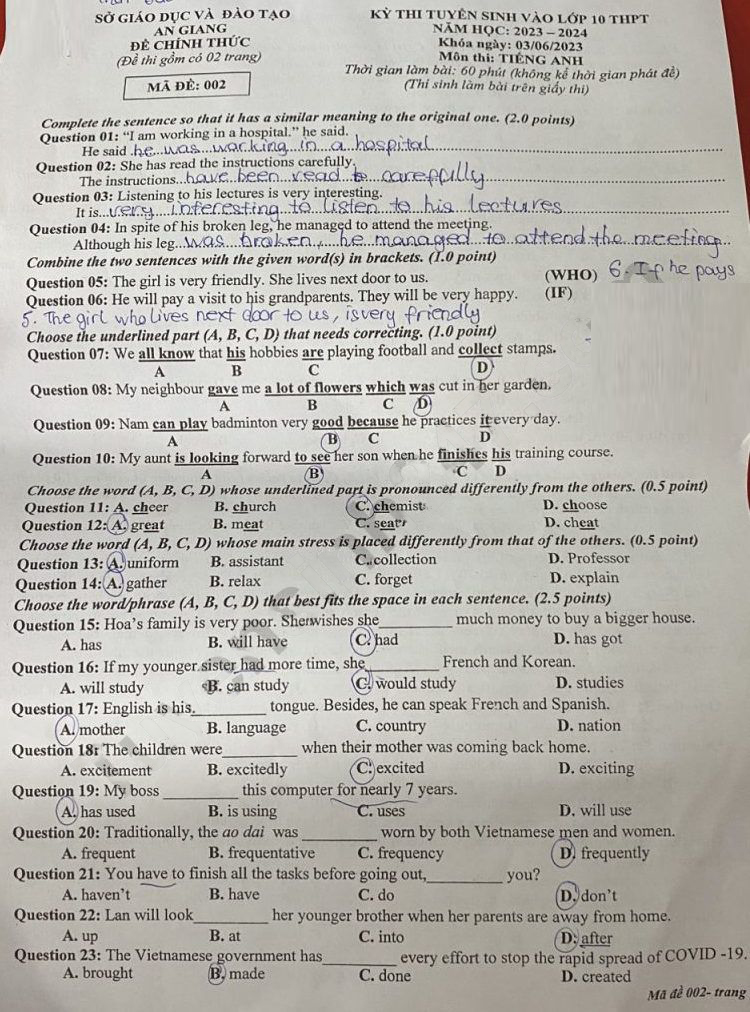 Đề thi vào 10 An Giang môn Anh 2023