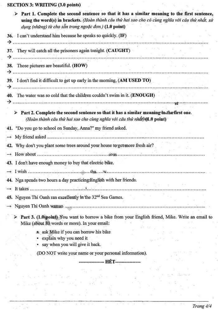 Đề thi vào lớp 10 môn tiếng Anh Ninh Thuận 2023