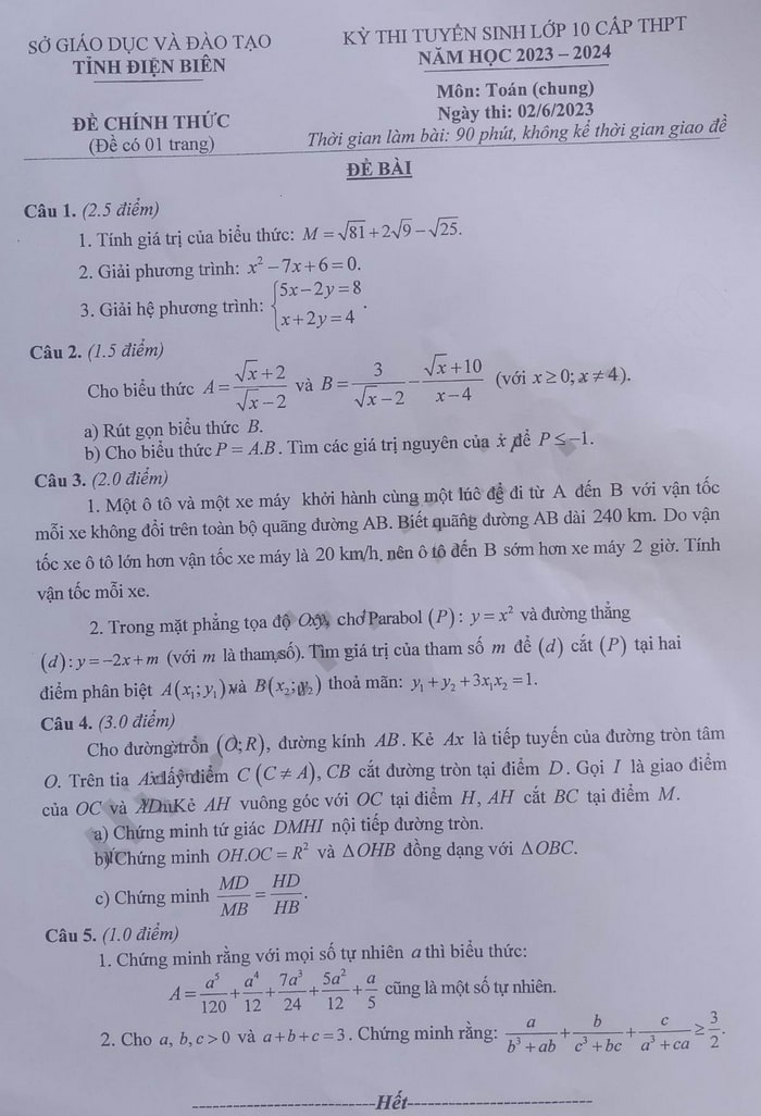 Đề thi vào lớp 10 tỉnh Điện Biên môn Toán 2023