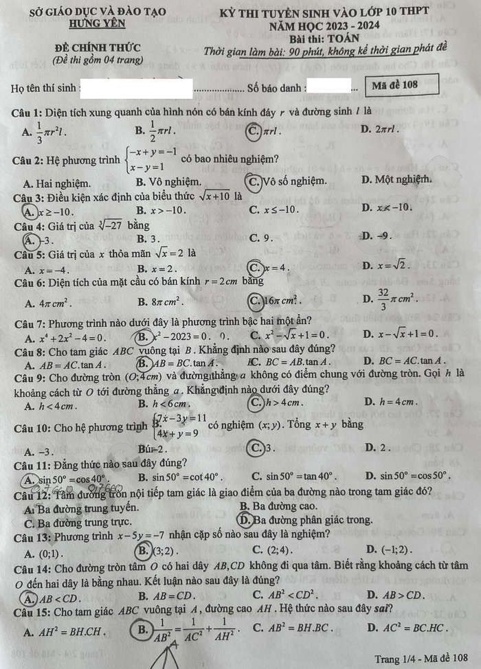 Đề thi vào lớp 10 môn Toán Hưng Yên 2023