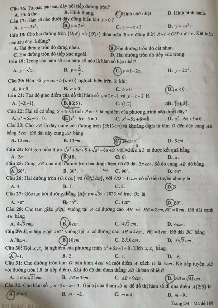 Đề thi vào lớp 10 môn Toán Hưng Yên 2023