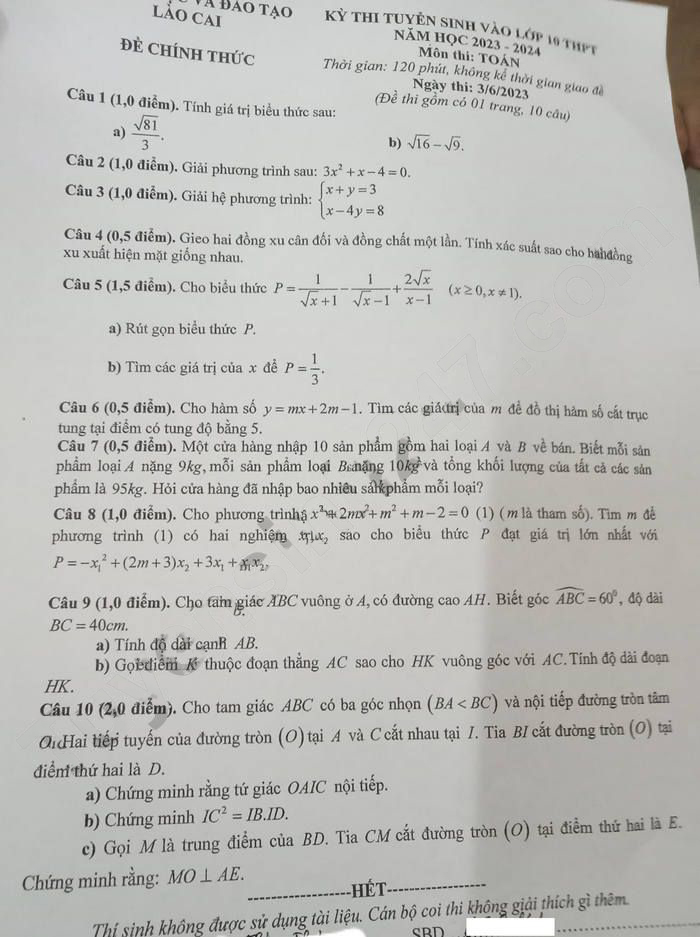 Đề thi tuyển sinh lớp 10 môn Toán Lào Cai 2023