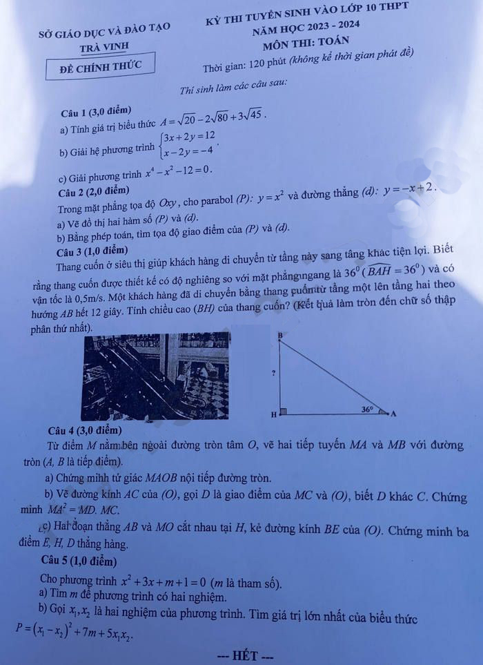 Đề thi tuyển sinh lớp 10 môn Toán Trà Vinh 2023