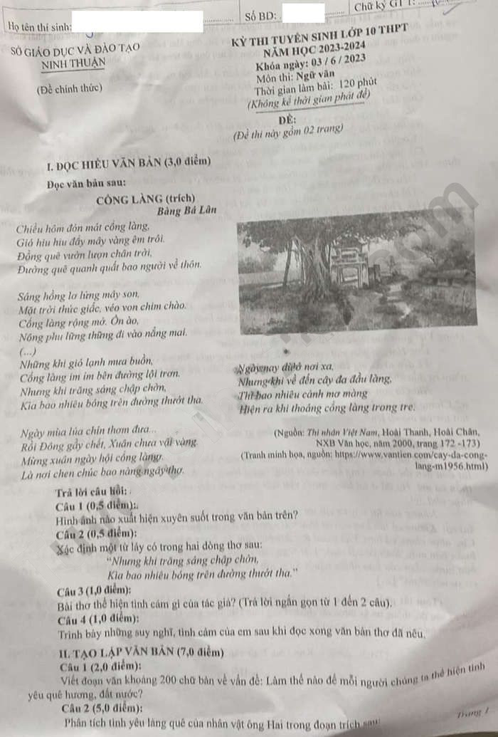 Đề thi vào lớp 10 môn Văn Ninh Thuận 2023