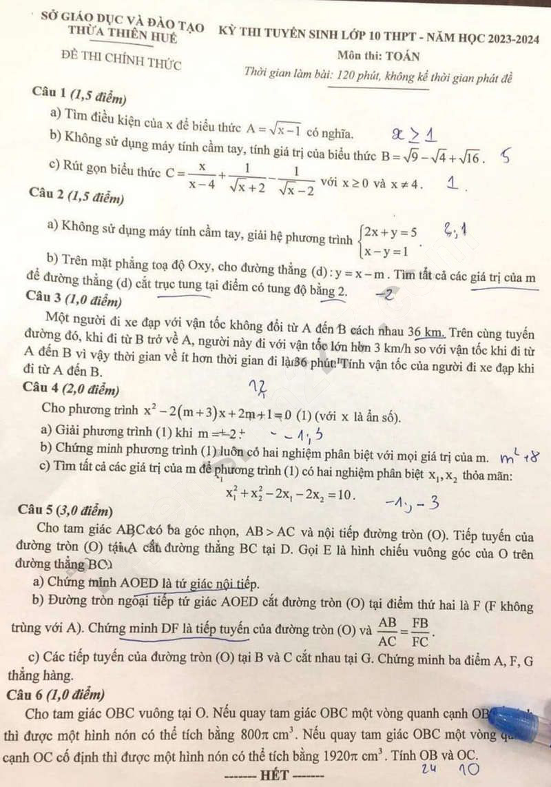 Đề thi tuyển sinh lớp 10 môn Toán Huế 2023