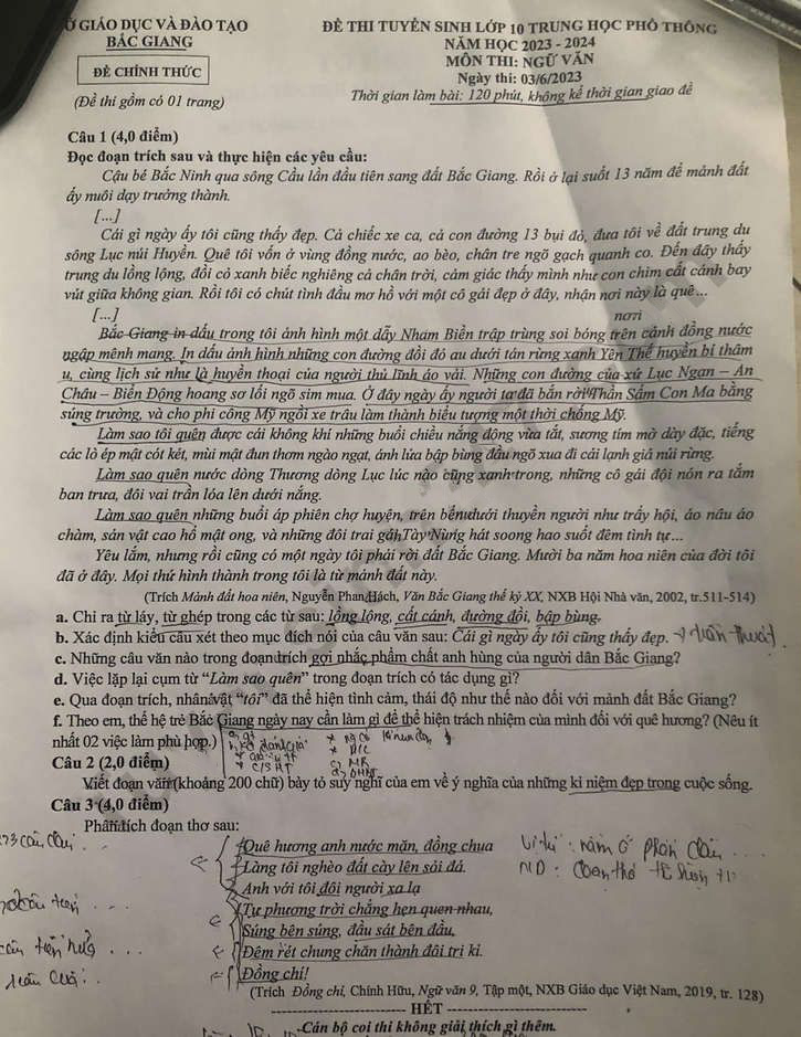 Đề thi tuyển sinh lớp 10 môn Văn Bắc Giang 2023
