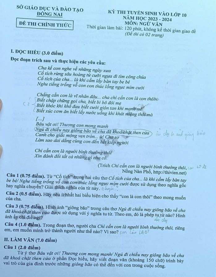 Đề thi tuyển sinh lớp 10 môn Văn 2023 Đồng Nai