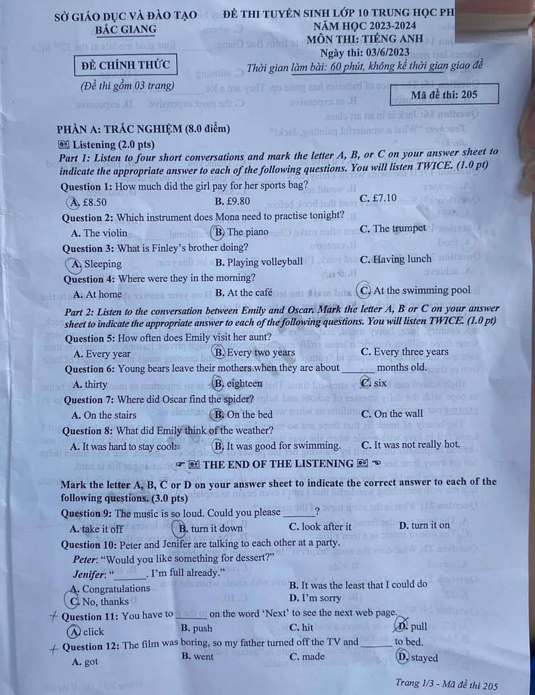 Đề thi tuyển sinh lớp 10 môn Anh Bắc Giang 2023