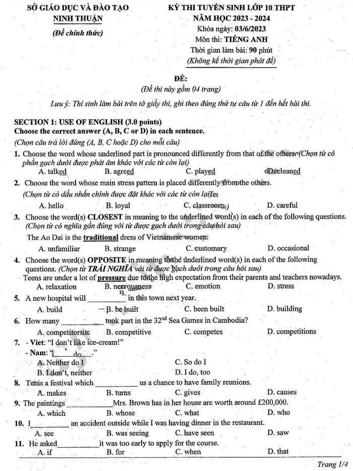 Đề thi vào lớp 10 môn tiếng Anh Ninh Thuận 2023