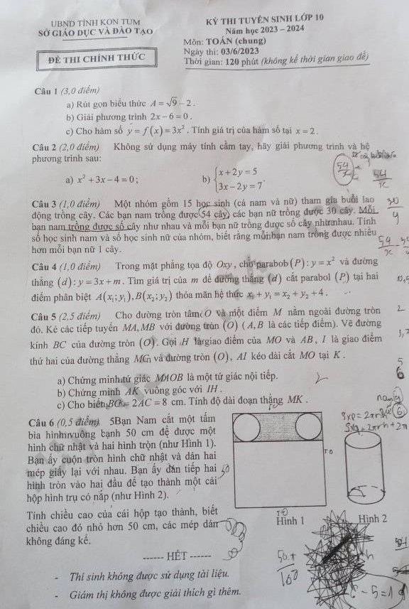 Đề thi tuyển sinh lớp 10 môn Toán Kon Tum 2023