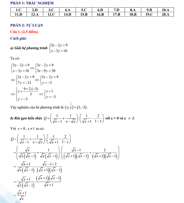 Đáp án đề thi tuyển sinh lớp 10 môn Toán Bắc Giang 2023