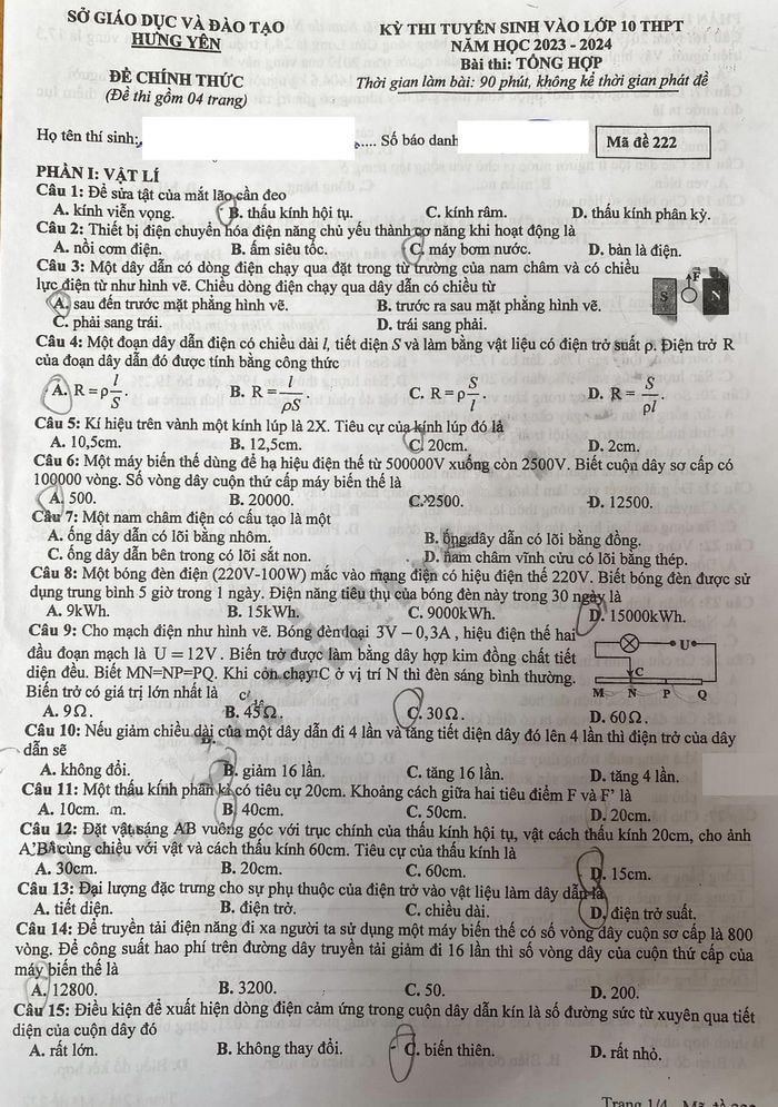 Đề thi môn Tổng hợp Hưng Yên 2023