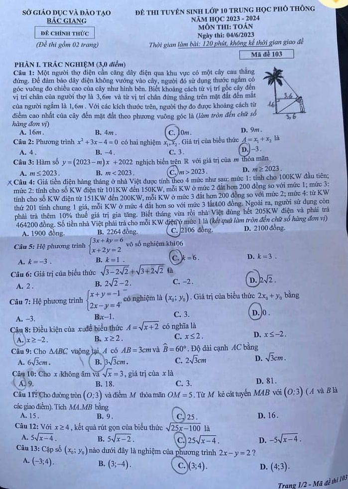 Đề thi tuyển sinh lớp 10 môn Toán Bắc Giang 2023