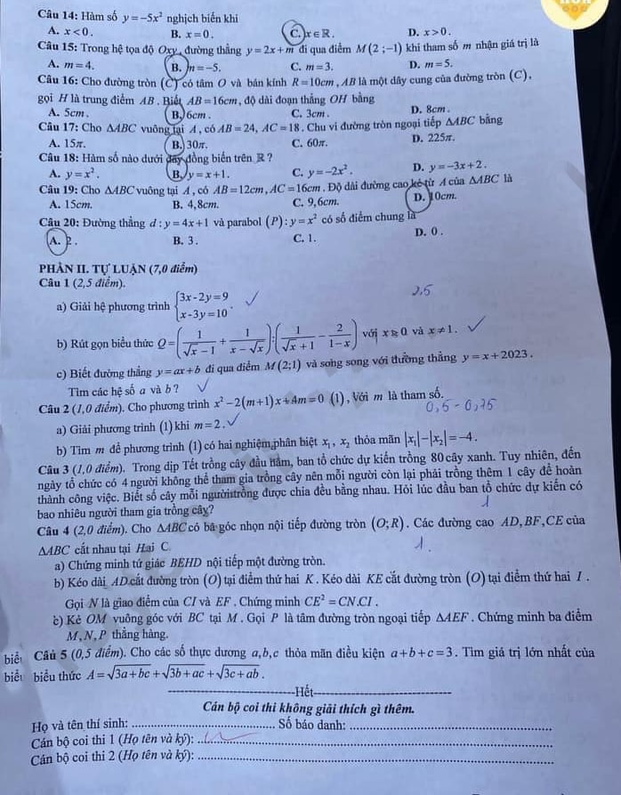 Đề thi tuyển sinh lớp 10 môn Toán Bắc Giang 2023