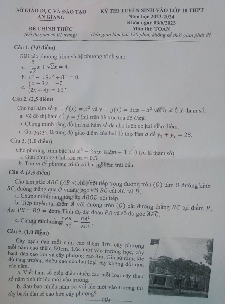 Đề thi vào 10 An Giang môn Toán 2023