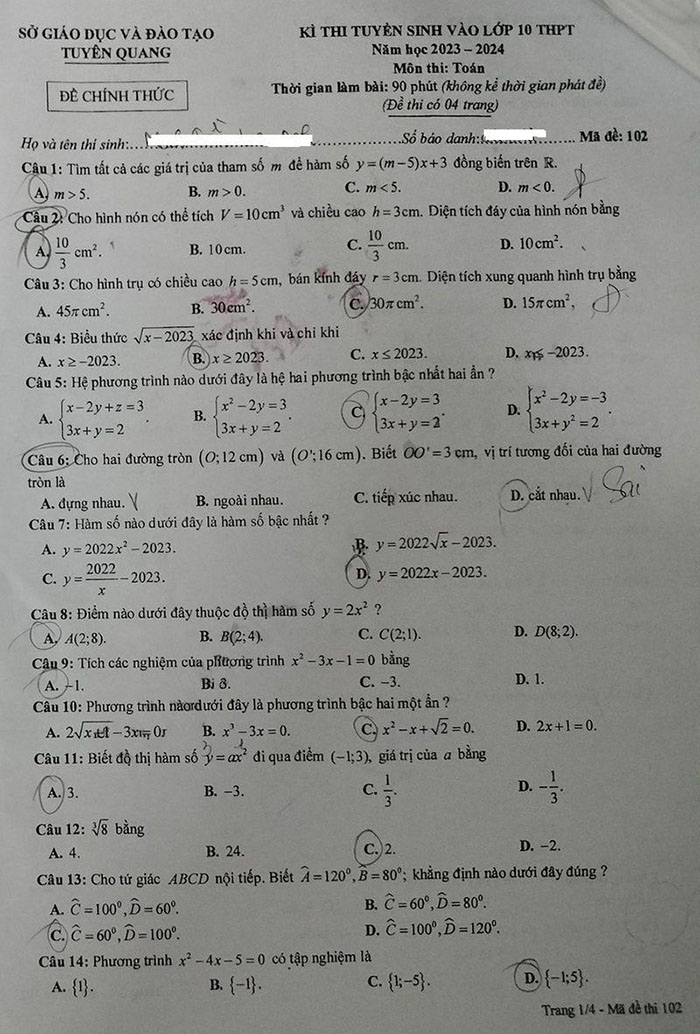 Đề thi vào 10 môn Toán Tuyên Quang 2023