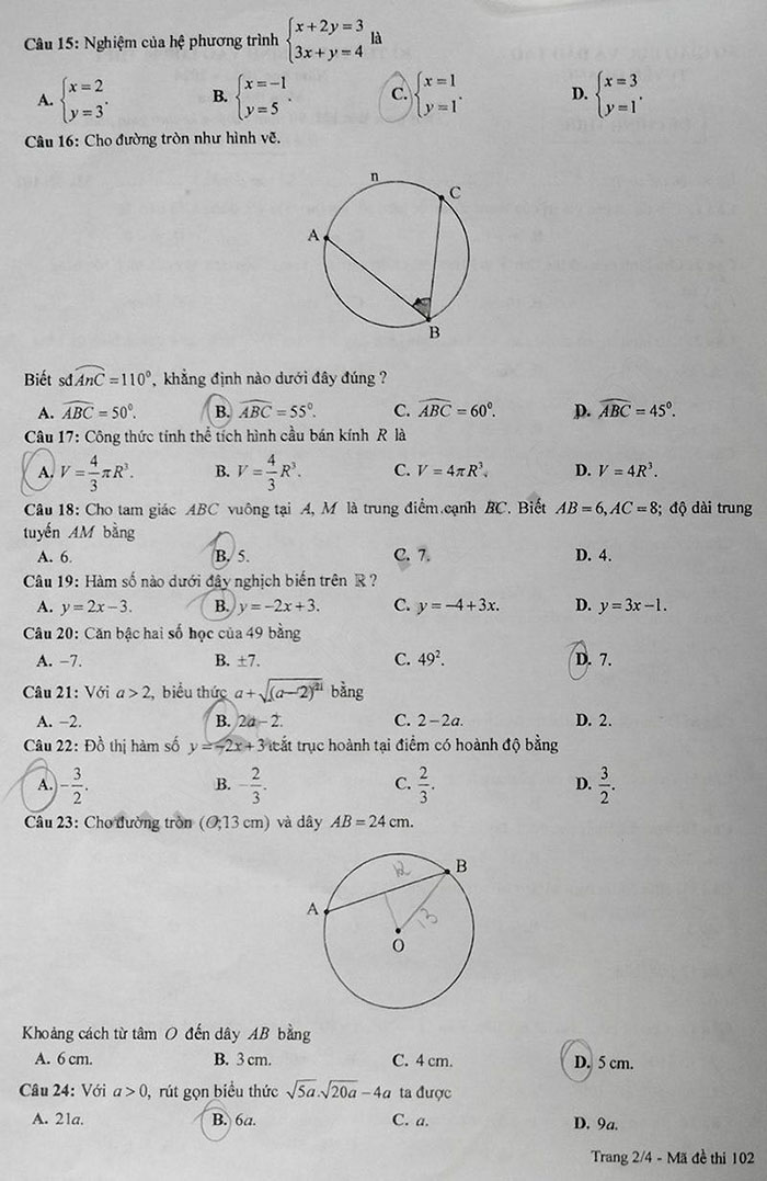 Đề thi vào 10 môn Toán Tuyên Quang 2023