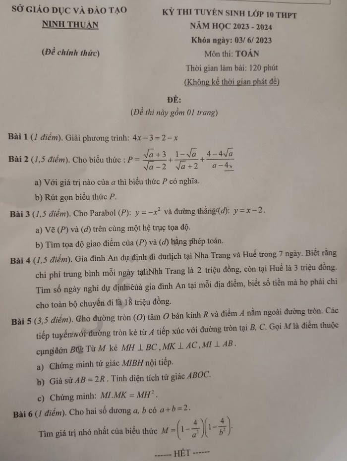 Đề thi vào lớp 10 môn Toán Ninh Thuận 2023