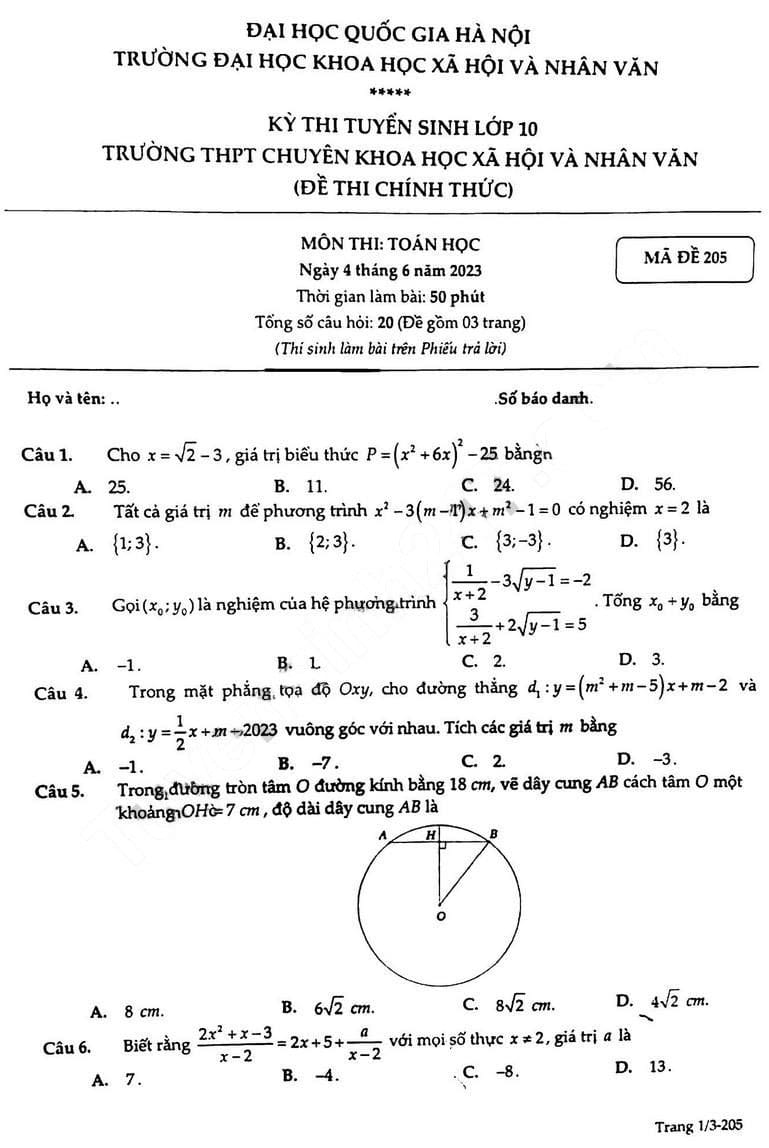 Đề thi vào 10 chuyên Khoa học Xã hội và Nhân văn môn Toán 2023