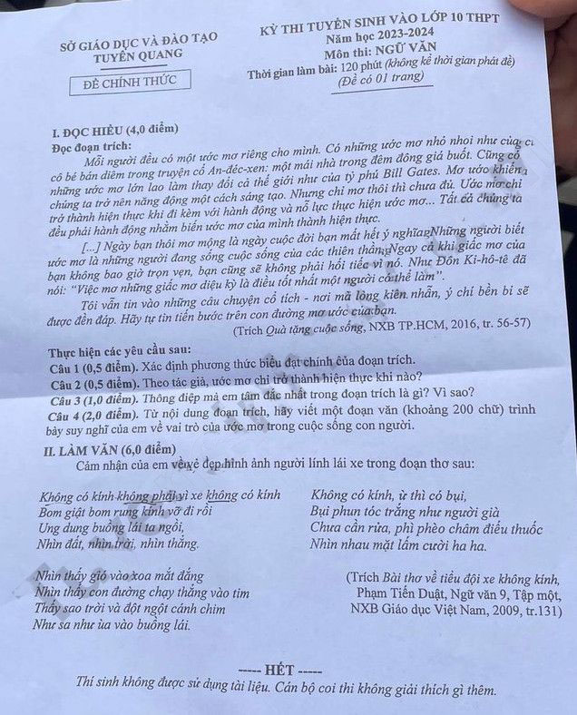  Đề thi Ngữ văn vào 10 Tuyên Quang 2023