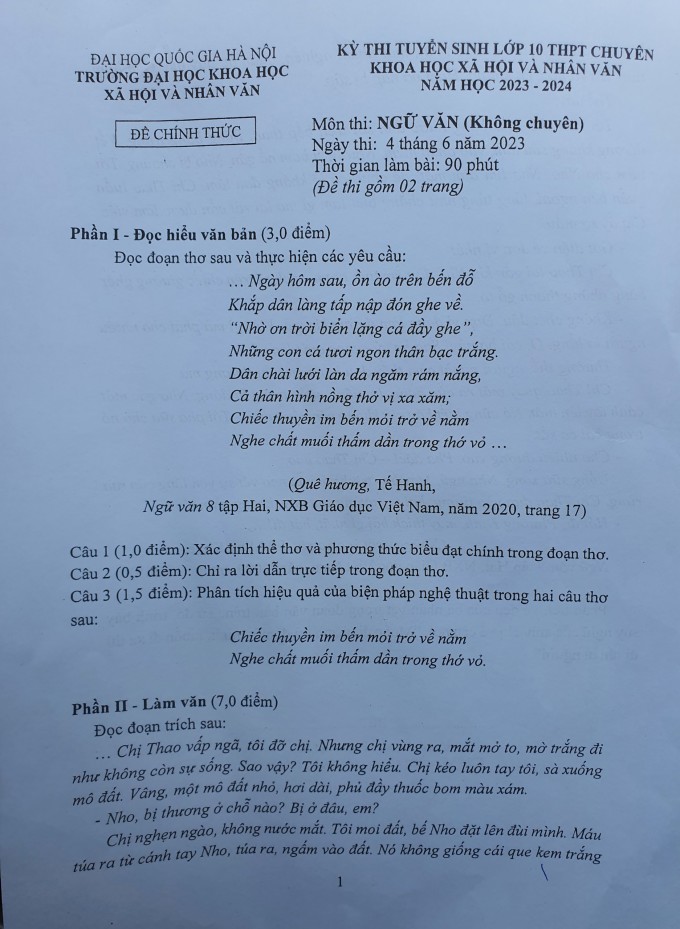 Đề thi vào 10 môn Ngữ văn 2023 chuyên Khoa học Xã hội và Nhân văn