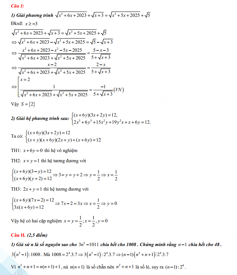 Đáp án đề tuyển sinh lớp 10 Chuyên Khoa học Tự nhiên môn Toán 2023