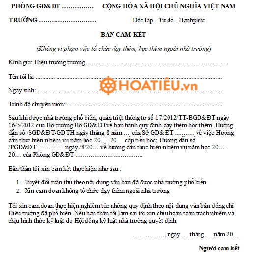 Bản cam kết không dạy thêm, học thêm