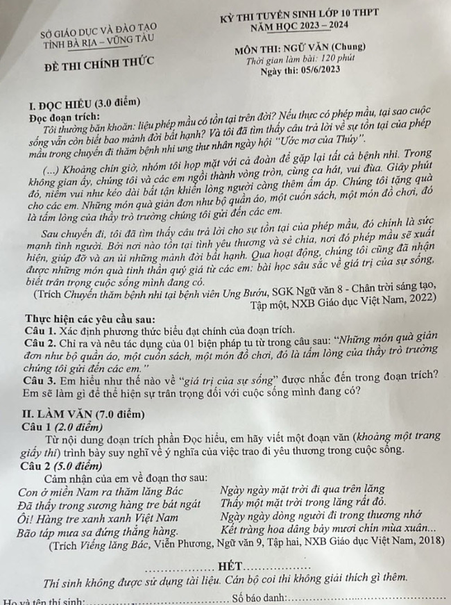 Đề thi vào lớp 10 môn Văn Bà Rịa Vũng Tàu 2023