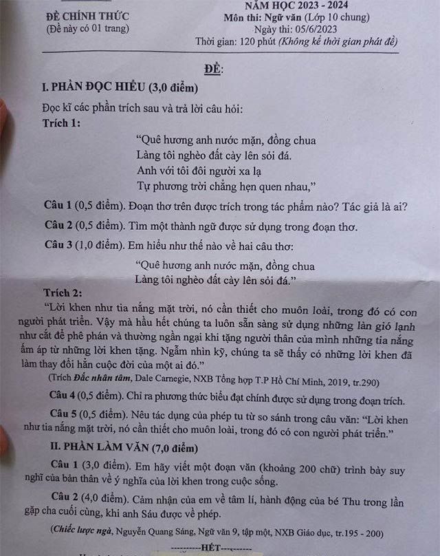  Đề thi Ngữ văn vào lớp 10 2023 tỉnh Bình Thuận