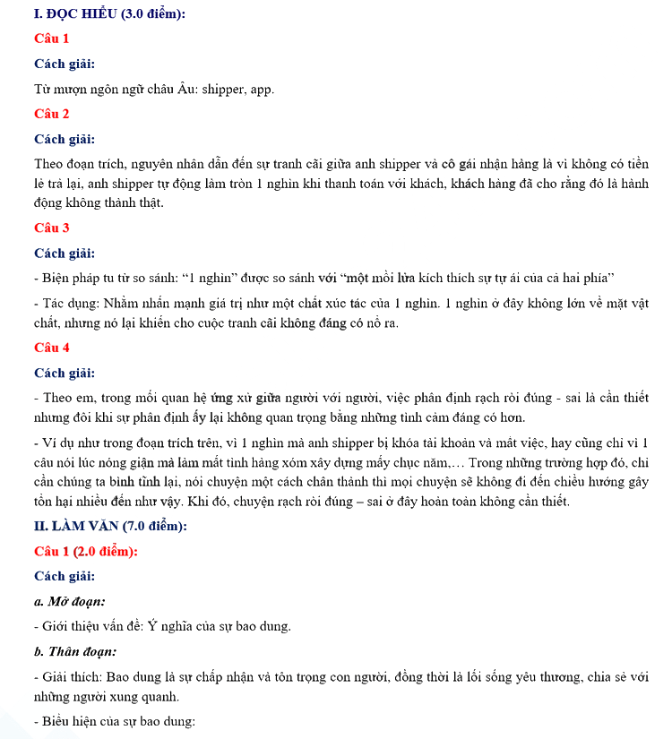 Đáp án đề thi tuyển sinh lớp 10 môn Văn Khánh Hòa 2023