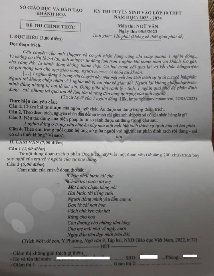 Đề thi vào 10 môn Văn Khánh Hòa 2023