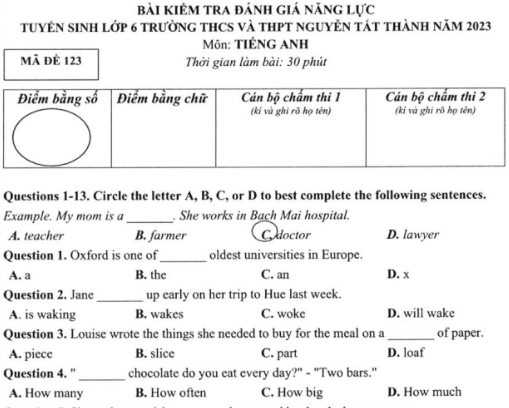 Đề thi Tiếng Anh vào lớp 6 Nguyễn Tất Thành 2023
