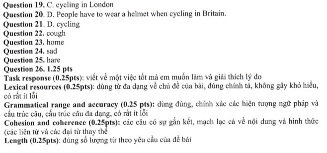 Đáp án đề thi Tiếng Anh vào lớp 6 trường Nguyễn Tất Thành
