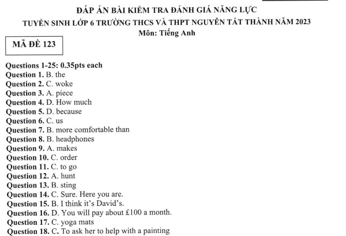 Đáp án đề thi Tiếng Anh vào lớp 6 trường Nguyễn Tất Thành