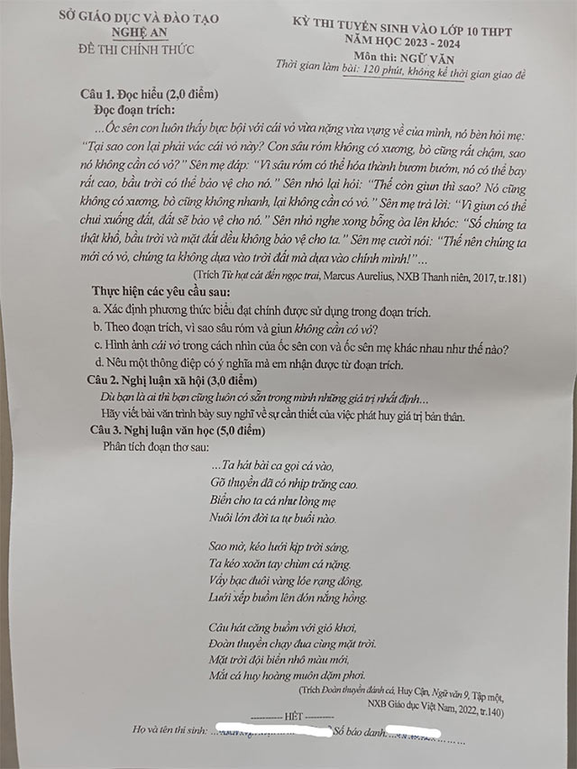 Đề thi tuyển sinh lớp 10 môn Văn tỉnh Nghệ An 2023