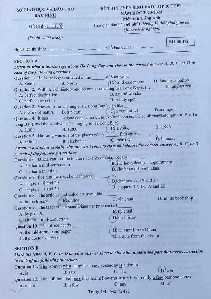 Đề thi tuyển sinh lớp 10 môn Anh Bắc Ninh 2023