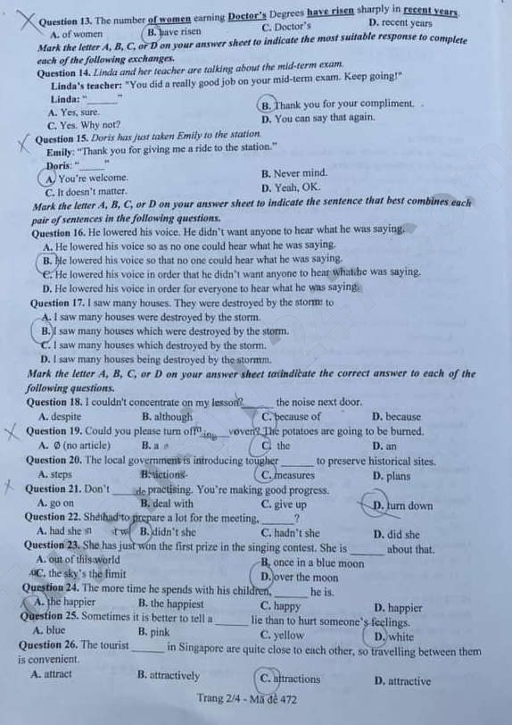Đề thi tuyển sinh lớp 10 môn Anh Bắc Ninh 2023