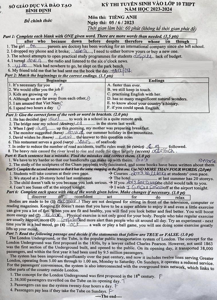 Đề Anh thi vào 10 Bình Định 2023