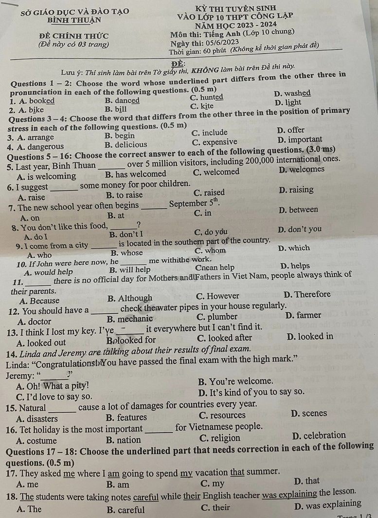 Đề thi tiếng Anh vào lớp 10 2023 tỉnh Bình Thuận 