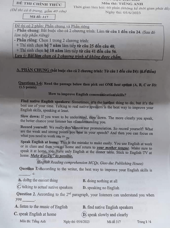 Đề thi tuyển sinh lớp 10 môn Anh Tiền Giang 2023