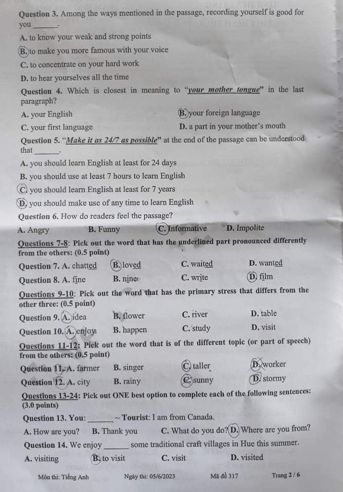 Đề thi tuyển sinh lớp 10 môn Anh Tiền Giang 2023