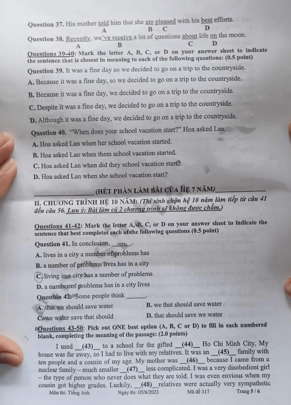 Đề thi tuyển sinh lớp 10 môn Anh Tiền Giang 2023