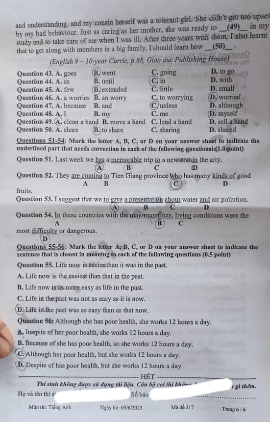 Đề thi tuyển sinh lớp 10 môn Anh Tiền Giang 2023