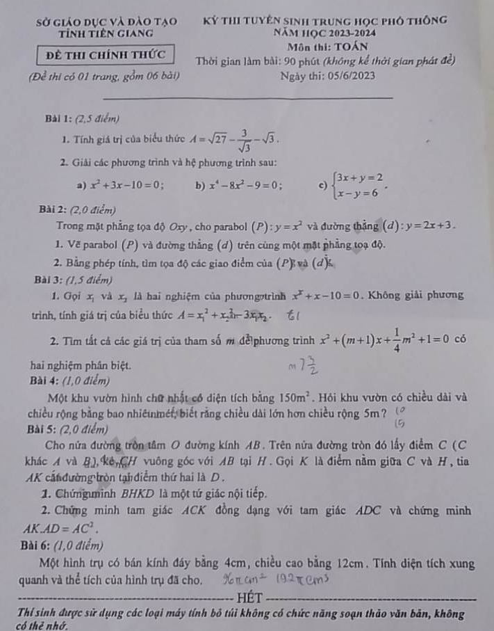 Đề thi tuyển sinh lớp 10 môn Toán tỉnh Tiền Giang 2023