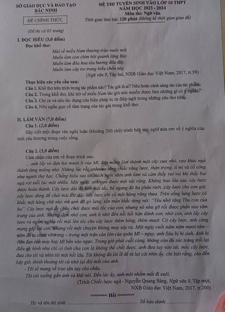 Đề thi tuyển sinh lớp 10 môn Văn Bắc Ninh 2023