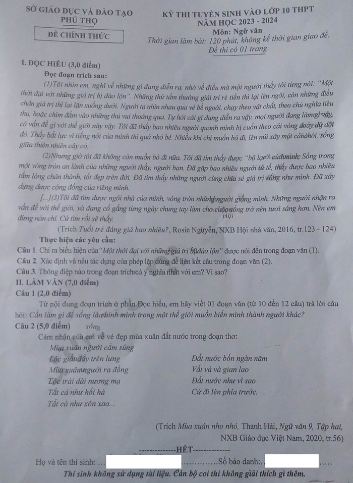 Đề thi tuyển sinh vào lớp 10 môn Văn Phú Thọ 2023