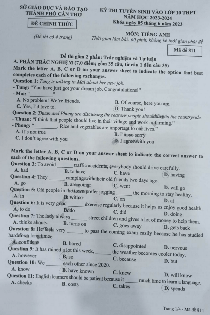 Đề thi tuyển sinh lớp 10 môn Anh Cần Thơ 2023
