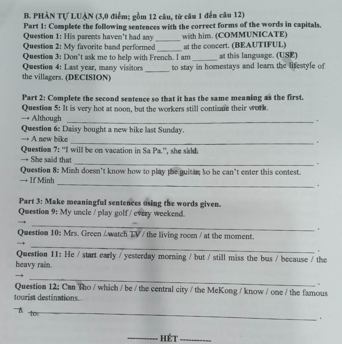 Đề thi tuyển sinh lớp 10 môn Anh Cần Thơ 2023