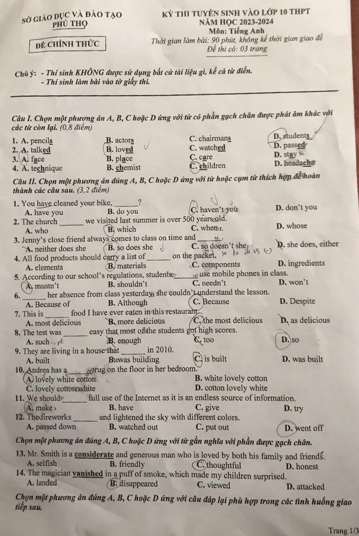 Đề thi tuyển sinh vào lớp 10 môn Anh Phú Thọ 2023