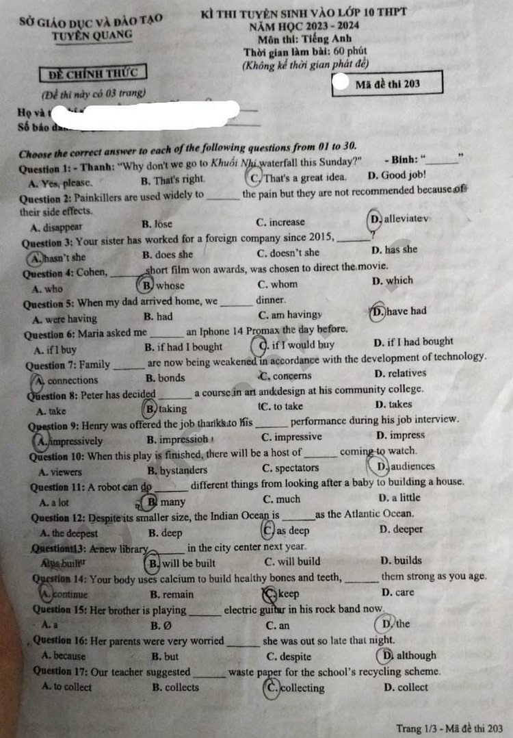 Đề thi Tiếng Anh vào 10 Tuyên Quang 2023